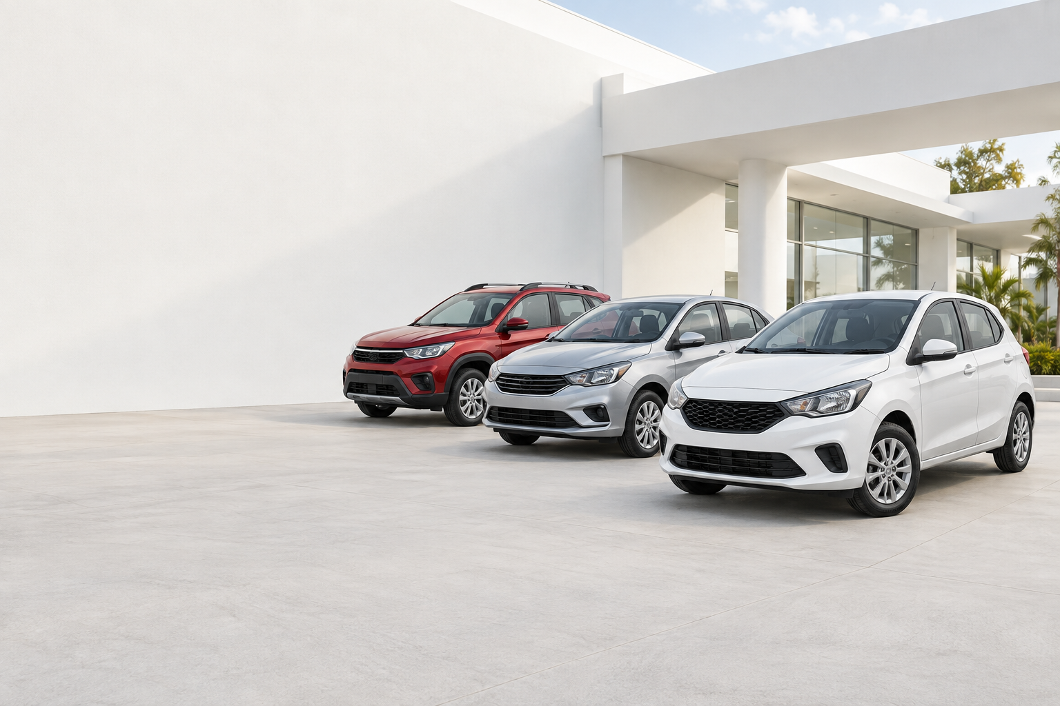 Hatch branco, sedan prata e SUV vermelho em ambiente de concessionária, imagem ilustrativa